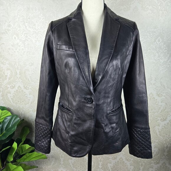 Anne Klein Size Medium Black 100% Leather Blazer 1 Button Closure Pockets Lined - Picture 1 of 15